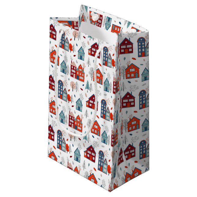 Skandinavisches Haus-Volkskunst-Muster Kleine Geschenktüte (Vorderseite Schrägansicht)
