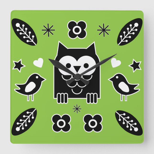 Skandinavisches Owl Folkloregeschenk Quadratische Wanduhr (Vorderseite)