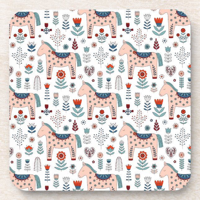 Skandinavisches PferdeVolkskunst-Muster Getränkeuntersetzer (Vorderseite)
