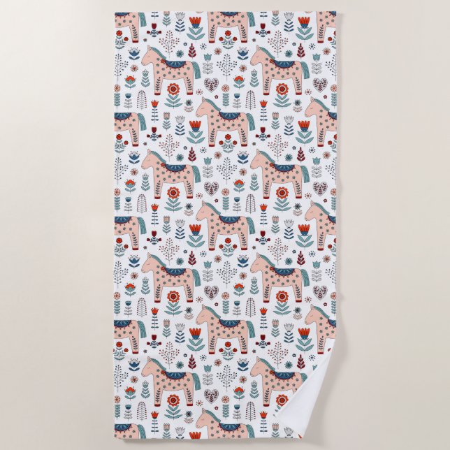 Skandinavisches PferdeVolkskunst-Muster Strandtuch (Vorderseite)