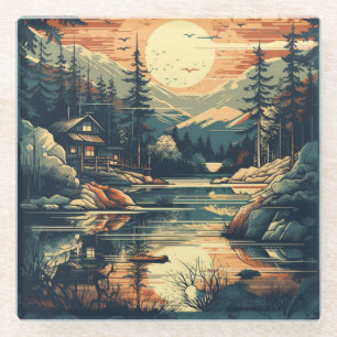 Skandinavisches Retro-Kunst-Berghaus Glasuntersetzer