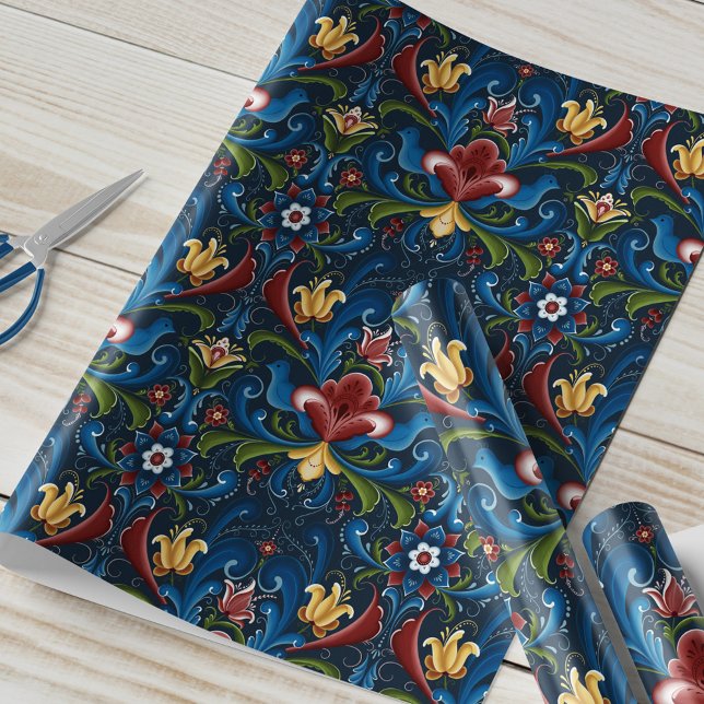 Skandinavisches Rosemaling Folk Blue Red Geschenkpapier (Von Creator hochgeladen)