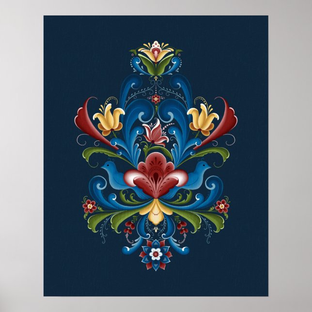 Skandinavisches Rosemaling Folk Blue Red Poster (Vorne)
