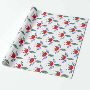 Skandinavisches Rot-Blau-Blumenmuster Weihnachten Geschenkpapier