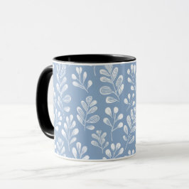 Skandinavisches weiches blaues Blatt weißes Blumen Tasse