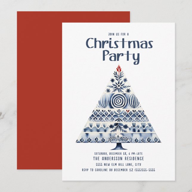 skandinavisches WeihnachtsbaumParty Einladung (Vorne/Hinten)