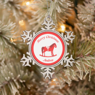 Skandinavisches Weihnachtsrockpferd Custom Schneeflocken Zinn-Ornament