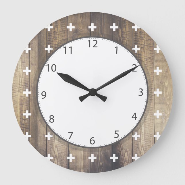 Skandinavisches White Plus Zeichen Holzplanks Große Wanduhr (Vorderseite)