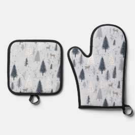 Skandinavisches Winterwald Ofenhandschuh & Topflappen-Set