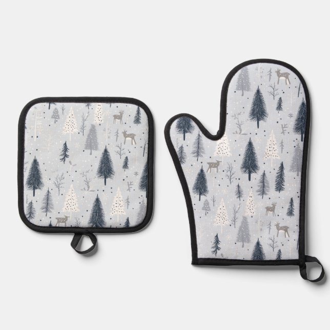 Skandinavisches Winterwald Ofenhandschuh & Topflappen-Set (Vorderseite)