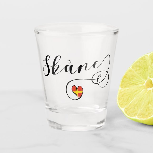 Skåne Flag Heart, Schweden, Scania Schnapsglas (Vorderseite)