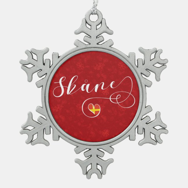 Skåne Flag Heart, Schweden, Scania Schneeflocken Zinn-Ornament (Vorderseite)