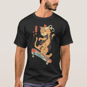 Skatana Skateboarding Tätowierte Katze Ukiyo E Jap T-Shirt