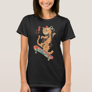 Skatana Skateboarding Tattooed Cat Ukiyo E Japanis T-Shirt