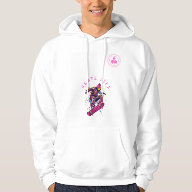 Skate Life Pink Happy Hoodie in Weiß (Vorderseite)