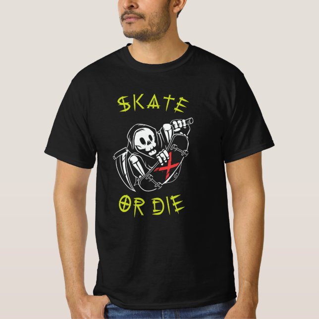 Skate oder die Grim Sensenmann Skeletton Skateboar T-Shirt (Vorderseite)