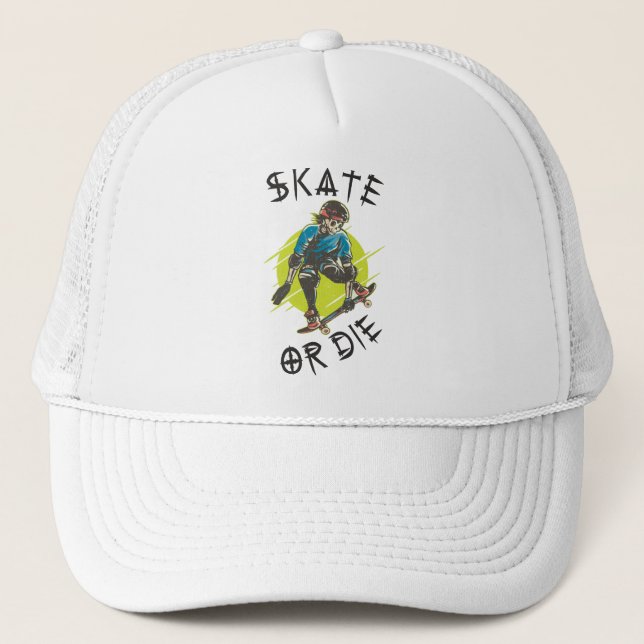Skate oder die Skeleton-Skateboarder Truckerkappe (Vorderseite)