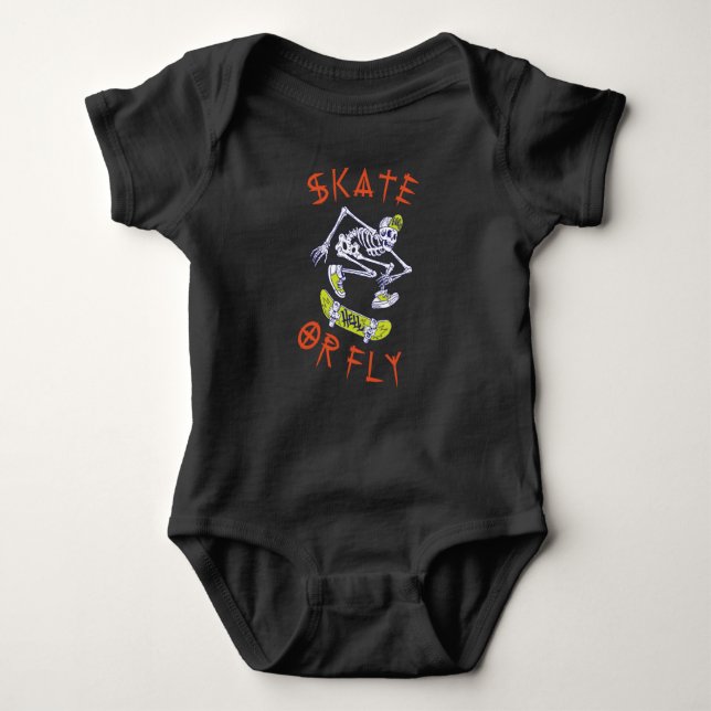 Skate oder Fly Skeleton Skateboarder Baby Strampler (Vorderseite)