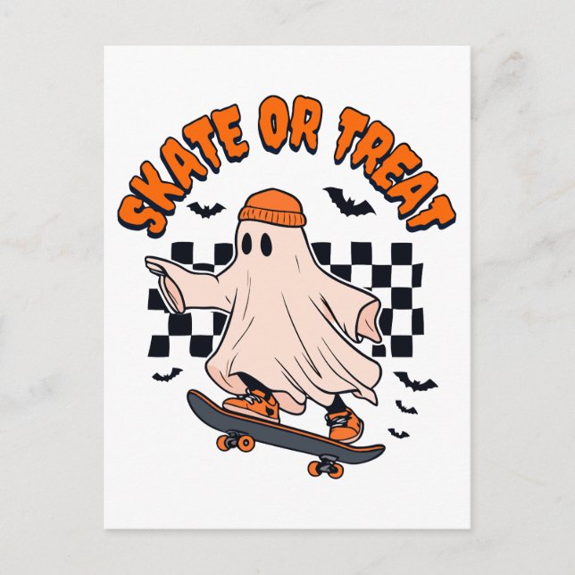 Skate- oder Leckerei-Ghost-Halloween Postkarte (Vorderseite)