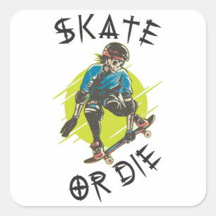 Skate or die Skelett Skateboarder Quadratischer Aufkleber