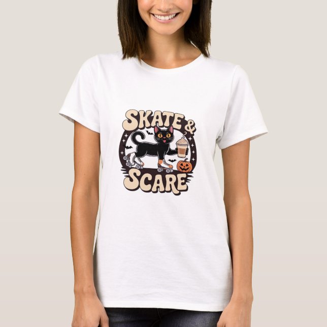 Skate & Scare � Cute Black Cat Roller Skating Over T-Shirt (Vorderseite)
