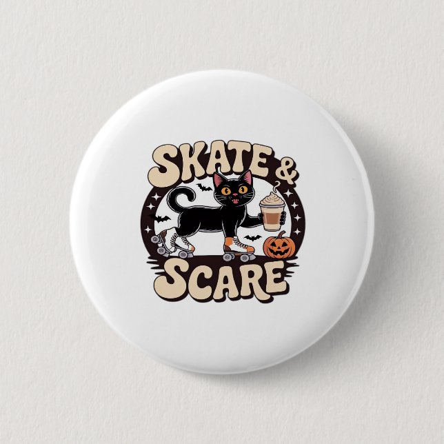 Skate & Scare - Niedliche Black Cat Roller Skaten  Button (Vorderseite)