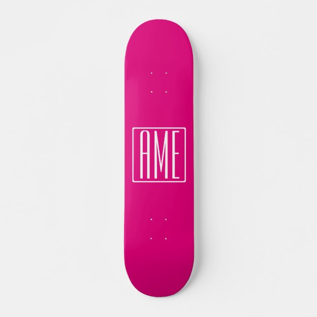 Skateboard 3 Initiales Monogramme | Blanc sur rose chaud (Devant)