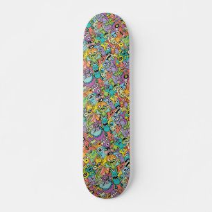 Skateboard A crowd of aliens in a colorful pattern design