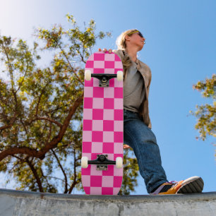 Skateboard à damiers carré léger rose chaud rétro géométrique