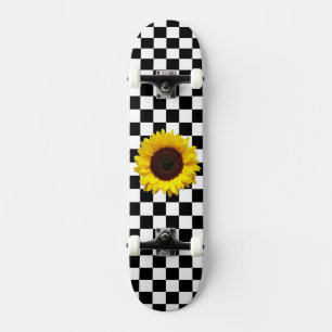 Skateboard À damiers et tournesol en noir et blanc