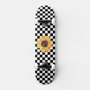 Skateboard À damiers et tournesol noir et blanc