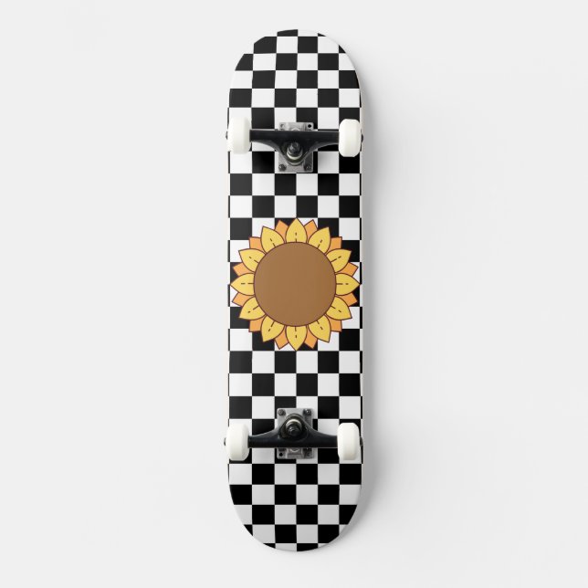 Skateboard À damiers et tournesol noir et blanc (Recto)