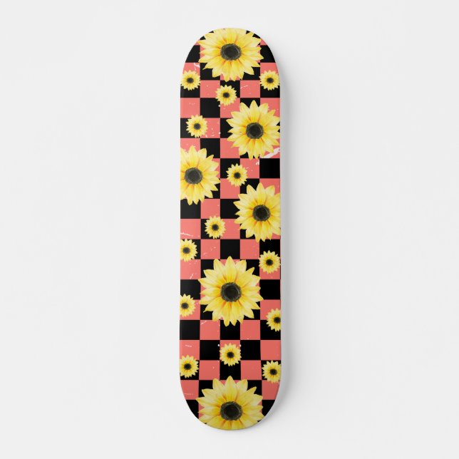 Skateboard à damiers et tournesol rose et noir (Devant)
