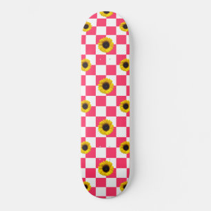 Skateboard À damiers et tournesol roses et blancs