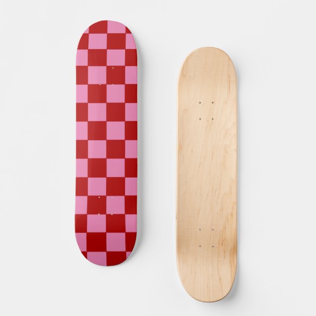 Skateboard à damiers rouge et rose chaud (Recto)