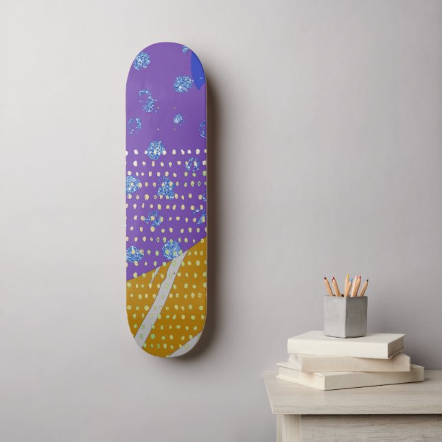 Skateboard Abstrait moderne violet jaune et points (Art mural)
