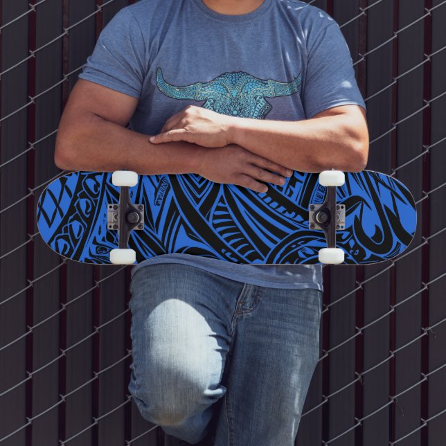Skateboard Abstrait Tribal Noir Et Bleu (Extérieur 3)