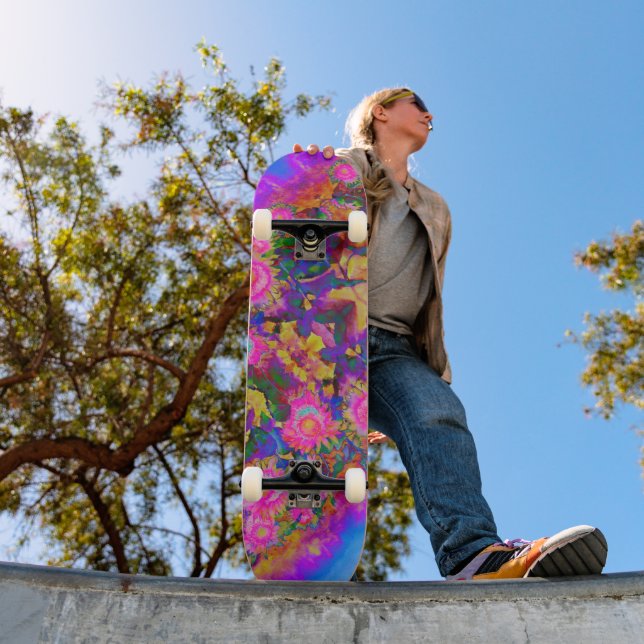Skateboard Abstraits champs de tournesol rose fleuri rose rét (Extérieur 1)