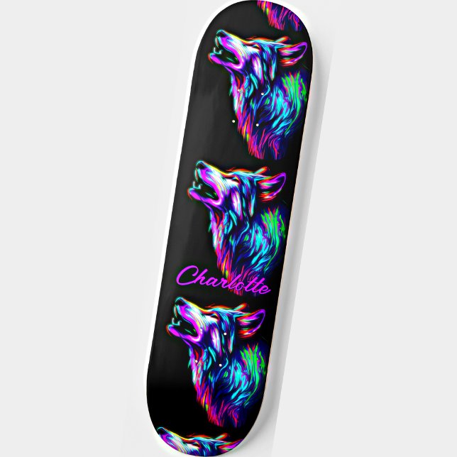 Skateboard Ajouter un nom, Loup de néon rose (Créateur téléchargé)