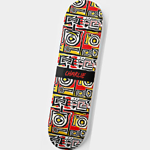 Skateboard Ajouter un nom, rouge jaune noir Abstrait