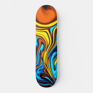 Skateboard Ambre d'or et coulée de lave Abstraite bleue