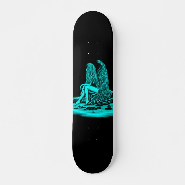 Skateboard Angel, perdu dans la pensée, noir et vert Design (Devant)