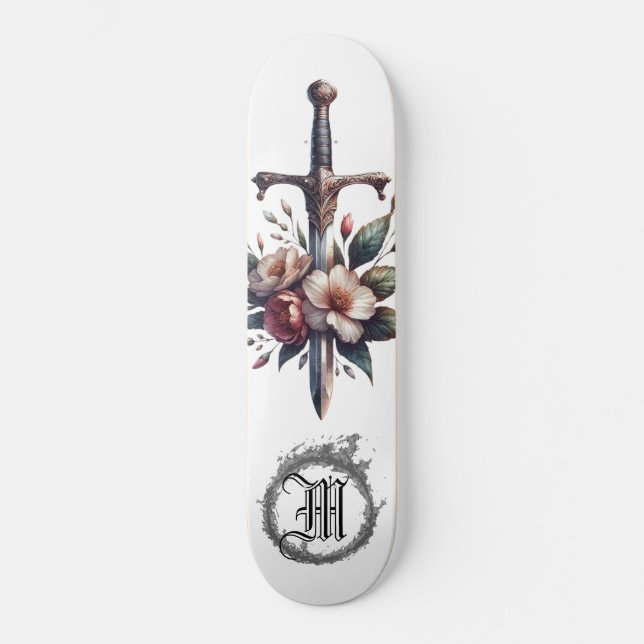 Skateboard *~* AP88 Feu d'épée médiévale Flore florale (Recto)