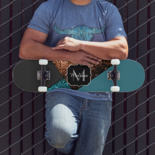 Skateboard Aqua bleu et bronze scintille Monogram moderne