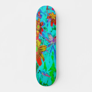 Skateboard Aqua Tropical avec des fleurs jaunes et orange