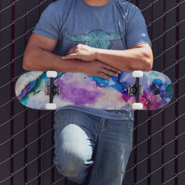 Skateboard Aquarelle Abstraite rose bleue (Extérieur 3)