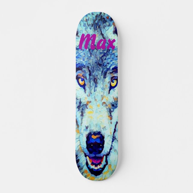 Skateboard Aquarelle blanche bleue Loup hivernal neige (Devant)