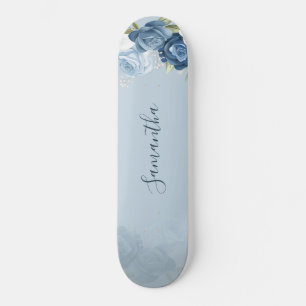 Skateboard Aquarelle bleu bleu foncé Script personnalisé