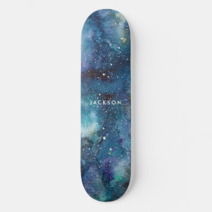 Skateboard Aquarelle bleue Galaxy Space Stars Nom