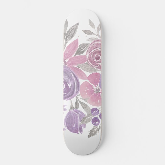 Skateboard Aquarelle de couleur verte de la flore rose violet (Recto)